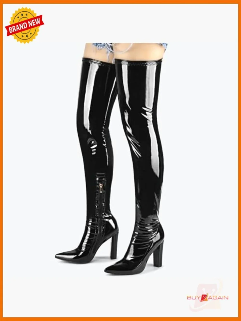 Women's Thigh High Boots Chunky Heel Pointed Toe Patent Leather Stretchy